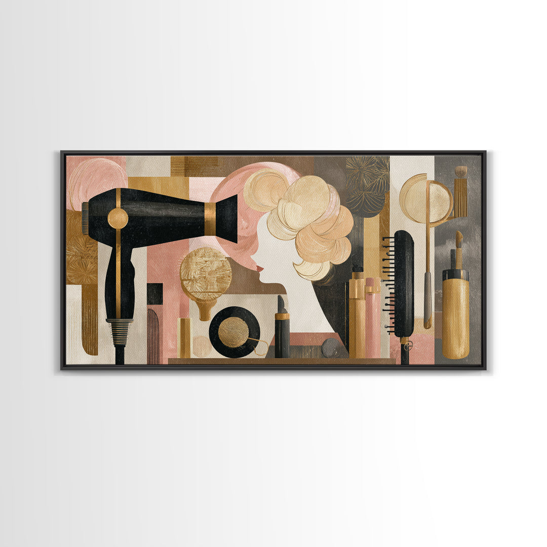 Hairdryer and Brush Framed Canvas Print, Hair Salon Art, Art, Living Room Decor, Watercolor Art, Style, Black Art Prints, HSA-2x1-5