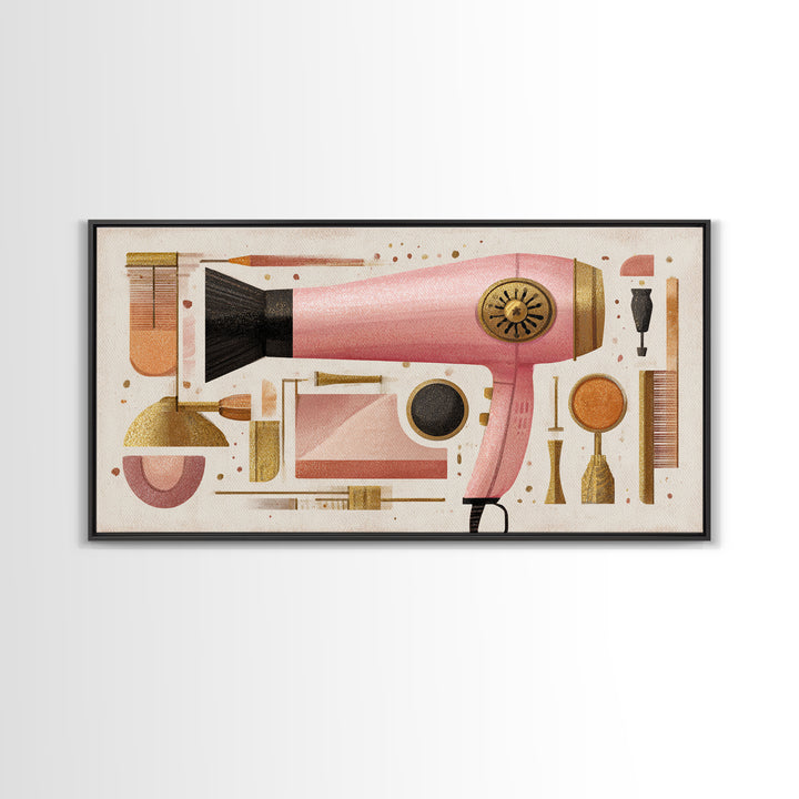 Hairdryer and Brush Canvas Print, Hair Salon Art, Metal Wall Art, Living Room Decor, Oil Painting, Style, Black and White Art, HSA-2x1-53
