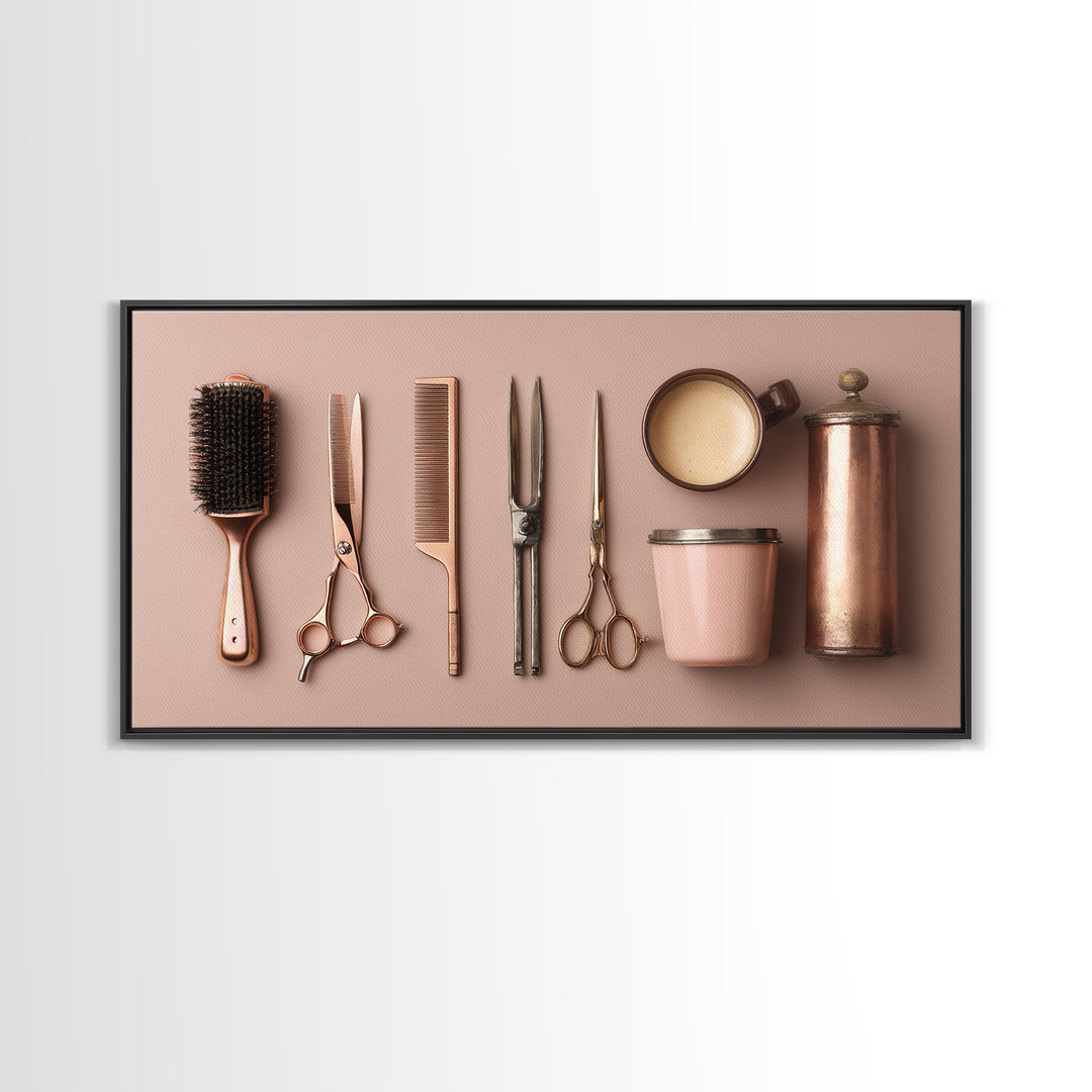 Rose Gold Salon Tool Still Life Canvas Print, Hair Salon Art, Wall Art, Living Room Decor, Fine Art, Style, Minimalist Wall Art, HSA-2x1-58