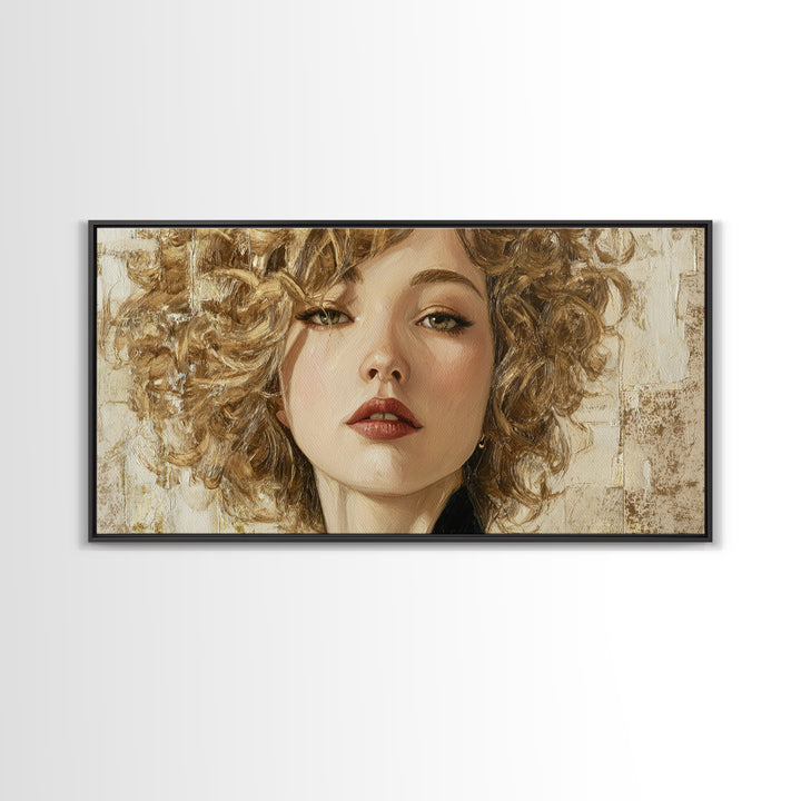 Curly Hair Portrait Framed Canvas Print, Hair Salon Art, Black and White Art, Living Room Decor, Fine Art, Style, Neutral Decor, HSA-2x1-59