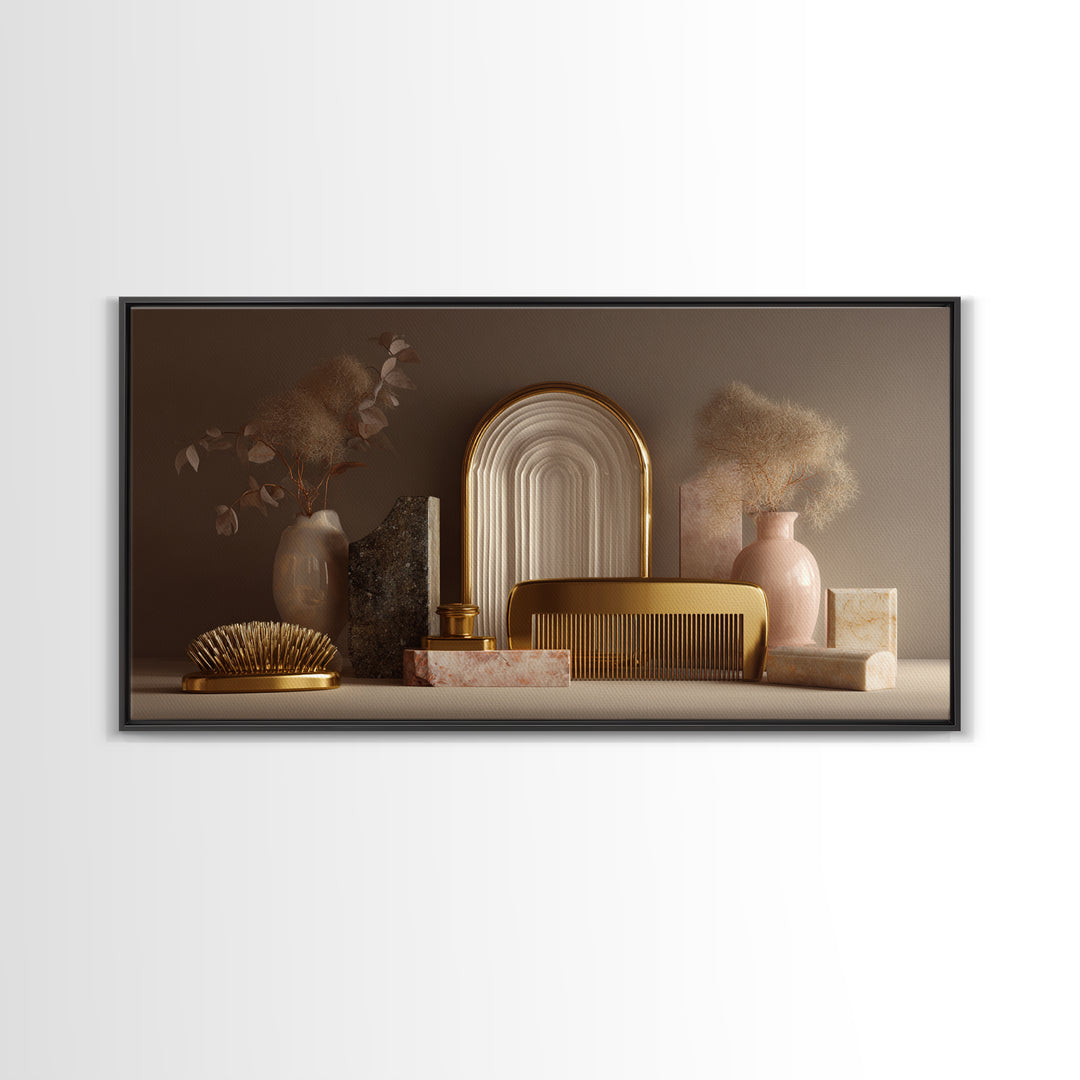 Baroque Mirror and Comb Still Life Canvas Print, Hair Salon Art, Digital Prints, Living Room Decor, Style, Black Woman Art, HSA-2x1-61
