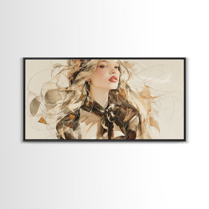 Fashion Portrait with Flowing Glossy Hair Canvas Print, Hair Salon Art, Modern Art, Living Room Decor, Fine Art, Style, HSA-2x1-69