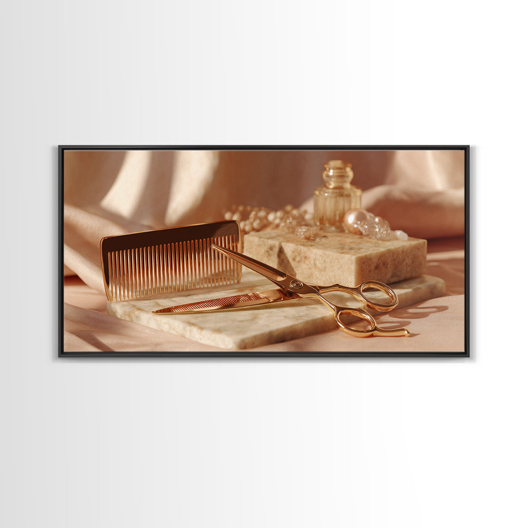 Gold Scissors and Comb Still Life on Canvas Print, Hair Salon Art, Wall Decor, Living Room Decor, Fine Art, Style, African Art, HSA-2x1-70