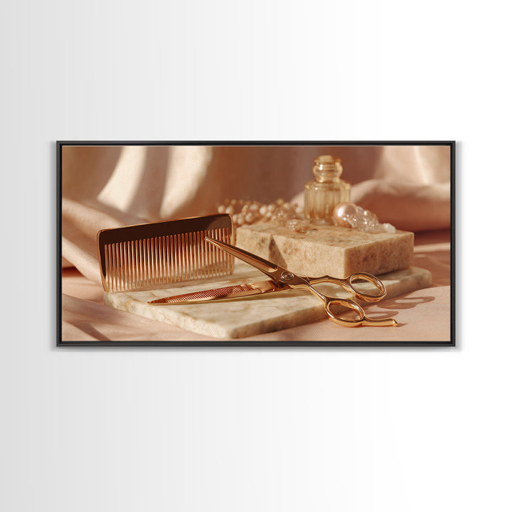 Gold Scissors and Comb Still Life on Canvas Print, Hair Salon Art, Wall Decor, Living Room Decor, Fine Art, Style, African Art, HSA-2x1-70