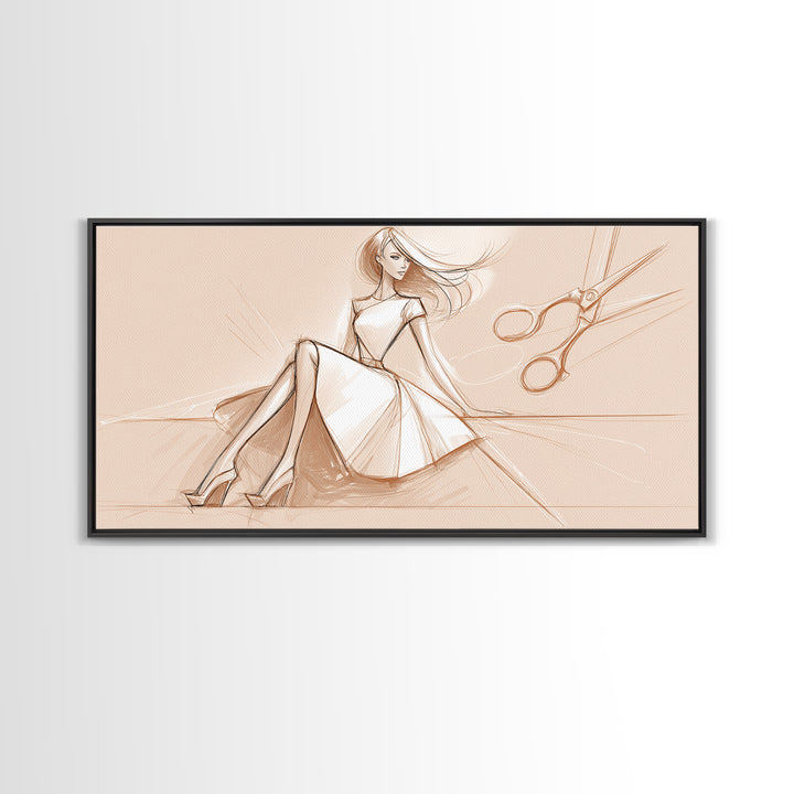 Black and White Line Art Salon Figure Framed Canvas Print, Hair Salon Art, Statement Artwork, Living Room Decor, Oil Painting, HSA-2x1-75