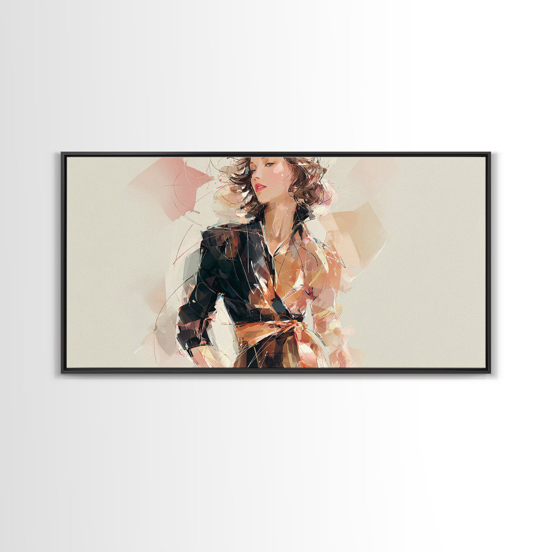 Colorful Fashion Illustration of a Stylish Woman Framed Canvas Print, Hair Salon Art, Black Art, Living Room Decor, Style, HSA-2x1-81