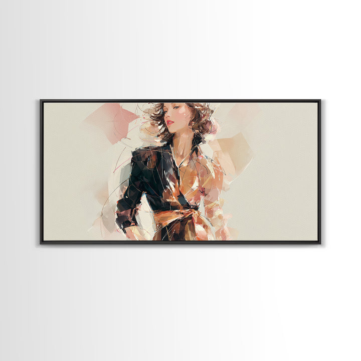 Colorful Fashion Illustration of a Stylish Woman Framed Canvas Print, Hair Salon Art, Black Art, Living Room Decor, Style, HSA-2x1-81