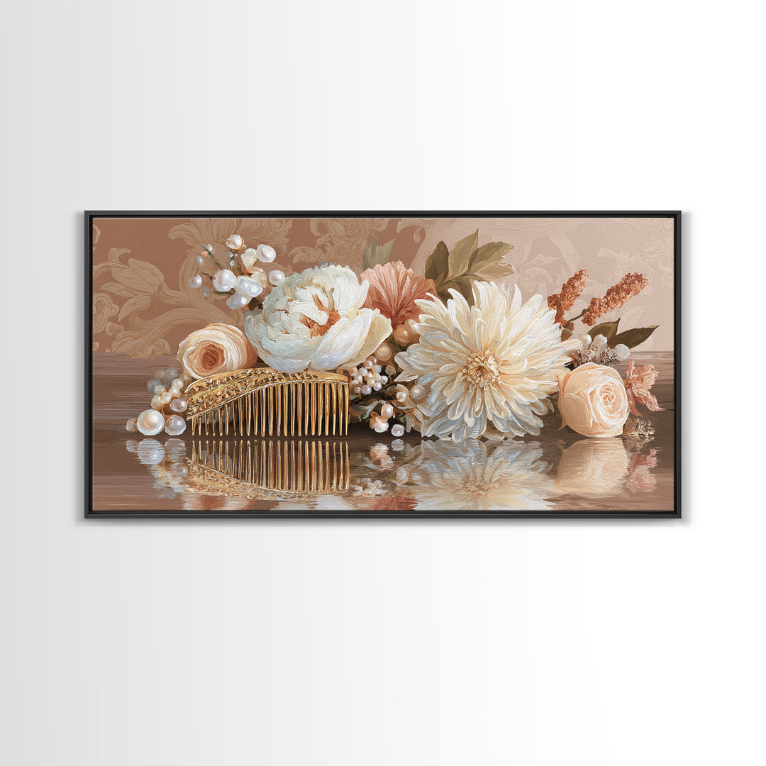 Baroque Mirror and Comb Still Life Framed Canvas Print, Hair Salon Art, Printable Art, Living Room Decor, Fine Art, Style, HSA-2x1-85