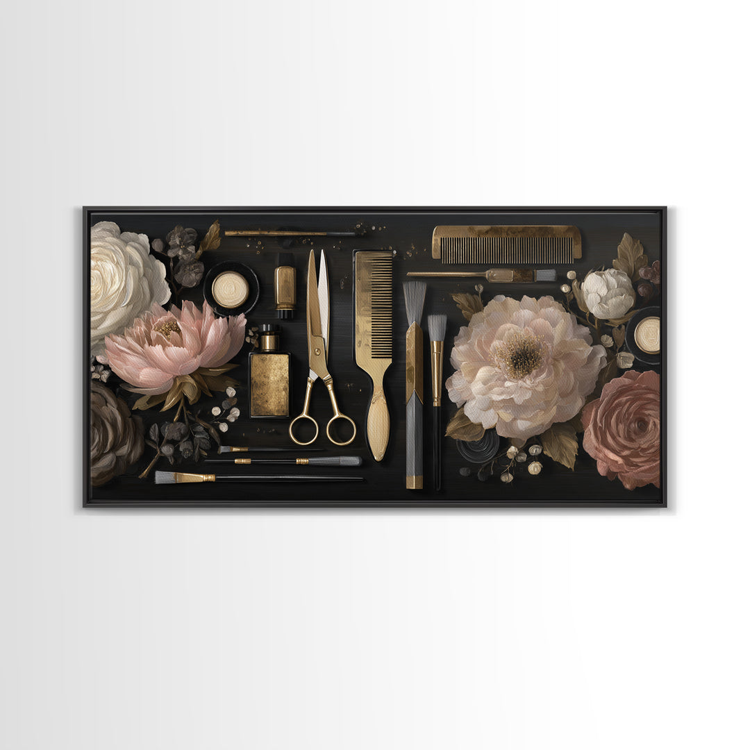 Luxury Black and Gold Beauty Emblem Framed Canvas Print, Hair Salon Art, African American Art, Living Room Decor, Oil Painting, HSA-2x1-92