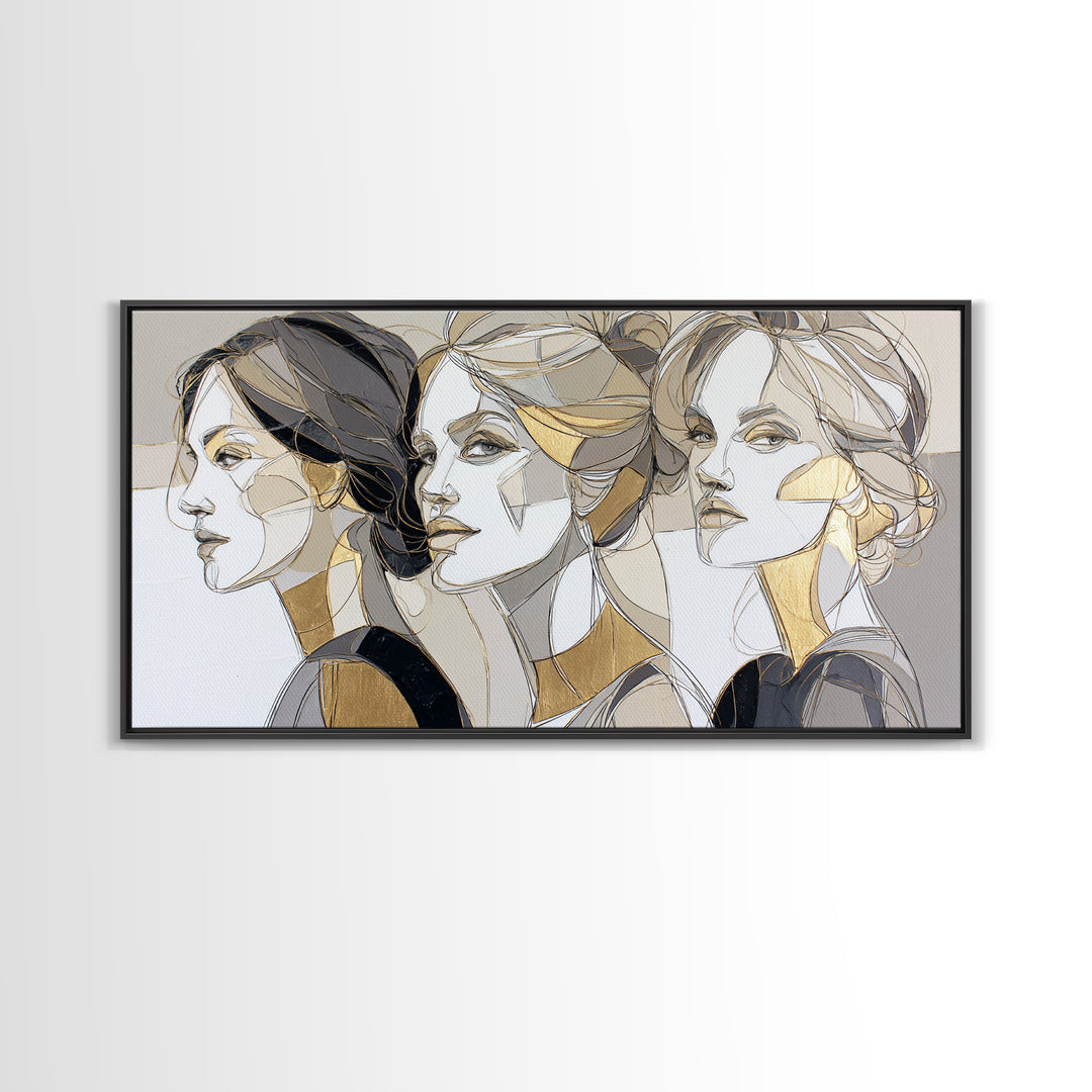 Black and White Line Art Salon Figure Framed Canvas Print, Hair Salon Art, Black Art Prints, Living Room Decor, Fine Art, Style, HSA-2x1-99