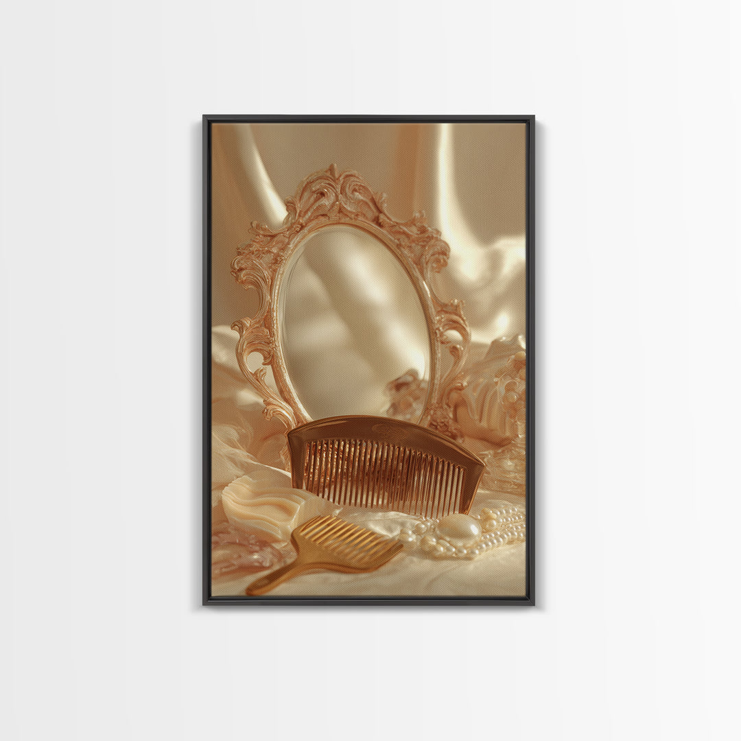 Baroque Mirror and Comb Still Life Framed Canvas Print, Hair Salon Art, Wall Art, Living Room Decor, Fine Art, Style, HSA-2x3-1
