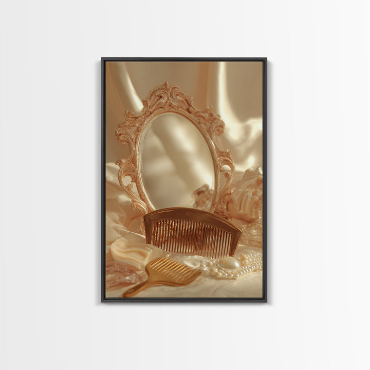 Baroque Mirror and Comb Still Life Framed Canvas Print, Hair Salon Art, Wall Art, Living Room Decor, Fine Art, Style, HSA-2x3-1