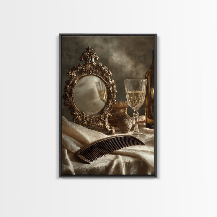 Baroque Mirror and Comb Still Life Framed Canvas Print, Hair Salon Art, Wall Art, Living Room Decor, Fine Art, Style, HSA-2x3-25