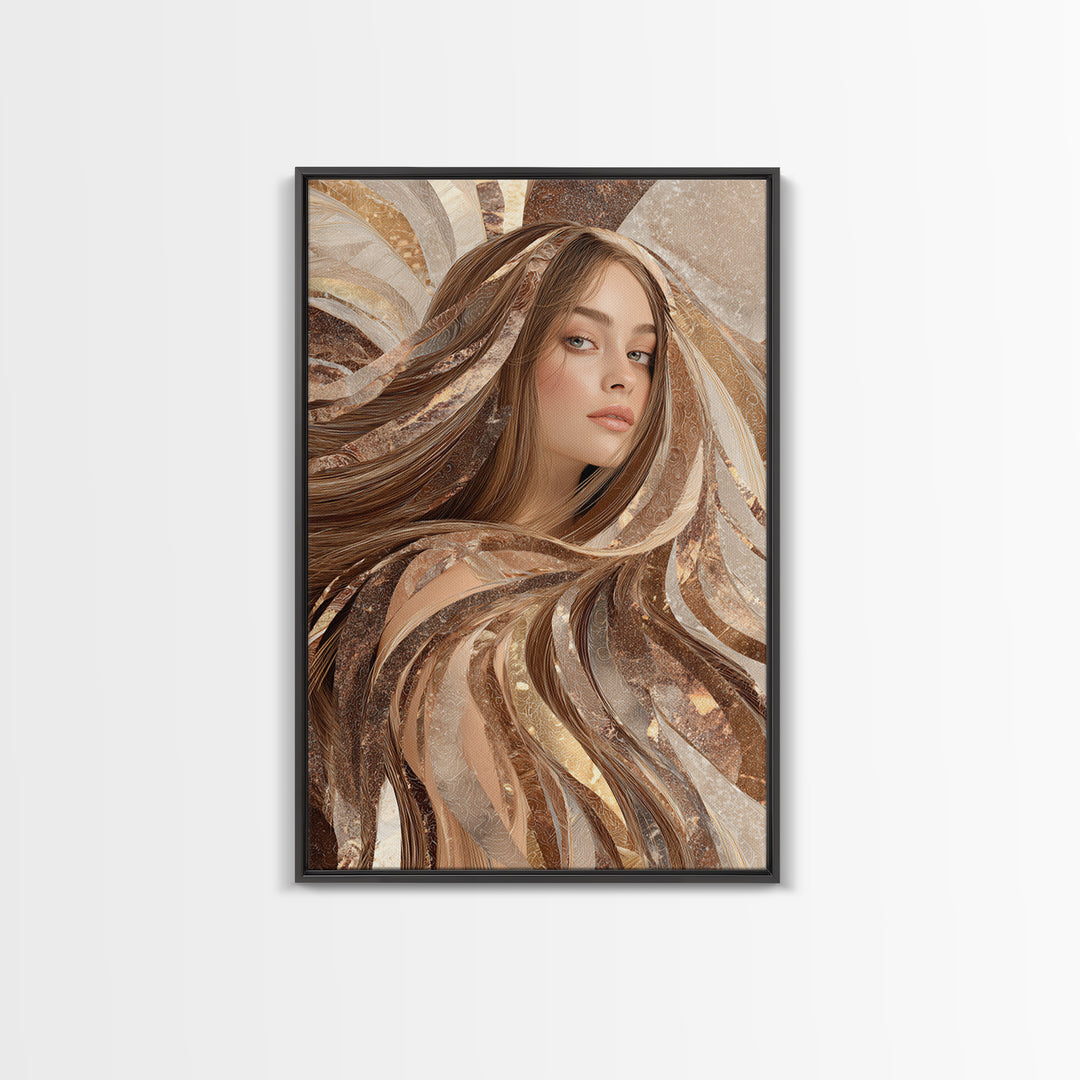 Fashion Portrait with Flowing Glossy Hair Framed Canvas Print, Hair Salon Art, Metal Wall Art, Living Room Decor, Style, HSA-2x3-33