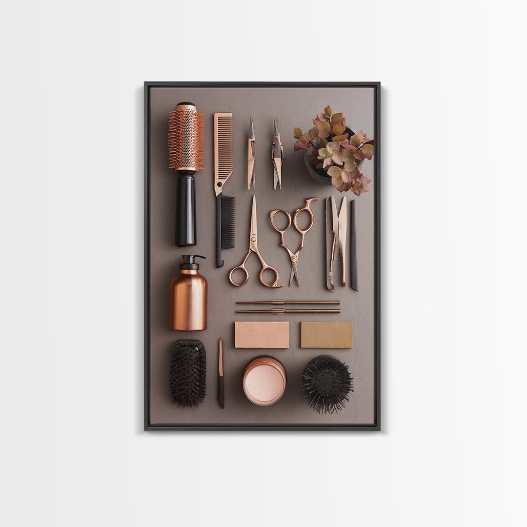Rose Gold Salon Tool Still Life Framed Canvas Print, Hair Salon Art, Textured Painting, Living Room Decor, Fine Art, Style, HSA-2x3-46