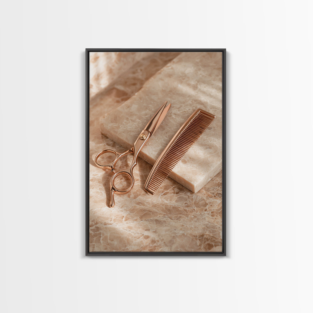 Gold Scissors and Comb Still Life on Canvas Print, Hair Salon Art, Art Print, Living Room Decor, Style, Black Owned Art, HSA-2x3-58