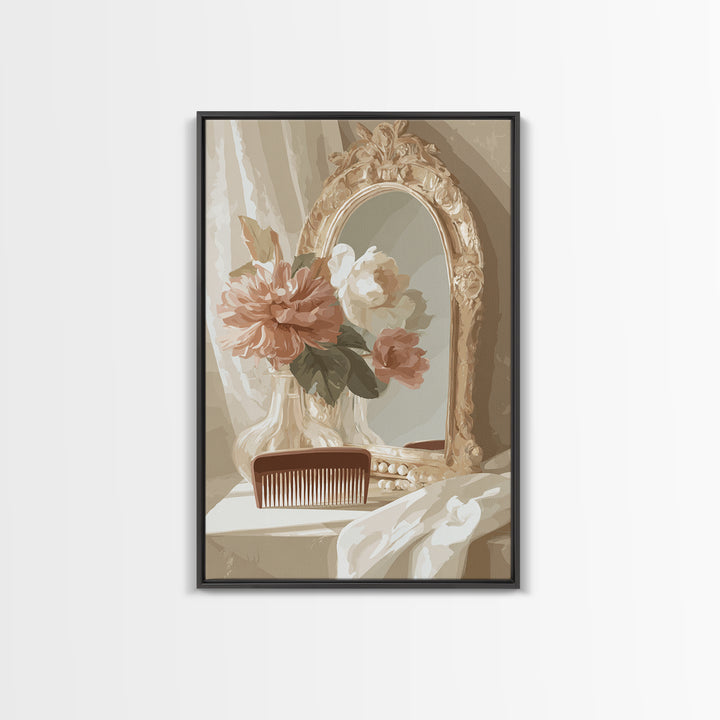 Baroque Mirror and Comb Still Life Framed Canvas Print, Hair Salon Art, Modern Art, Living Room Decor, Fine Art, Style, HSA-2x3-73