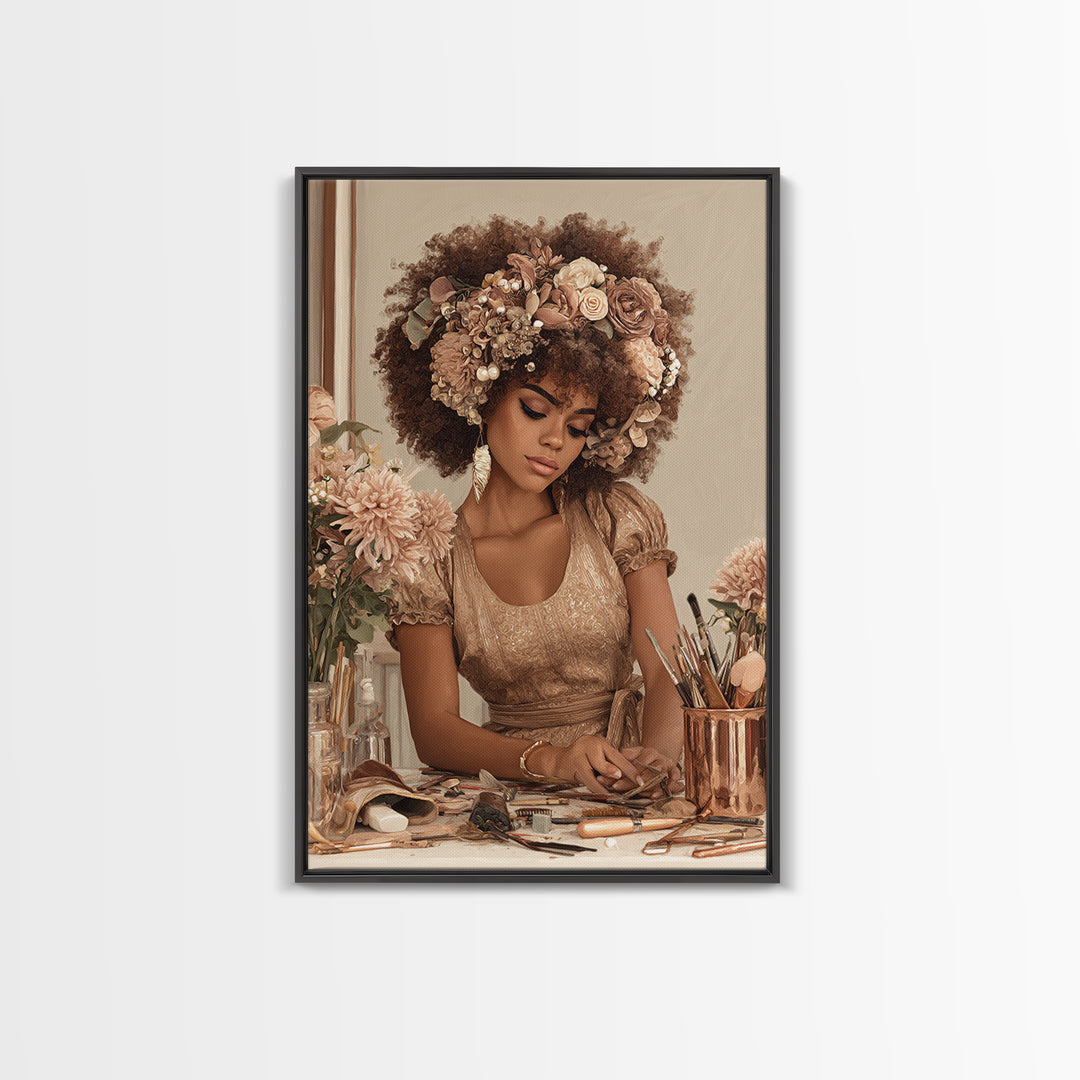 Afro Hair Portrait Framed Canvas Print, Hair Salon Art, African Art, Living Room Decor, Fine Art, Style, Girls Room Decor, HSA-2x3-76