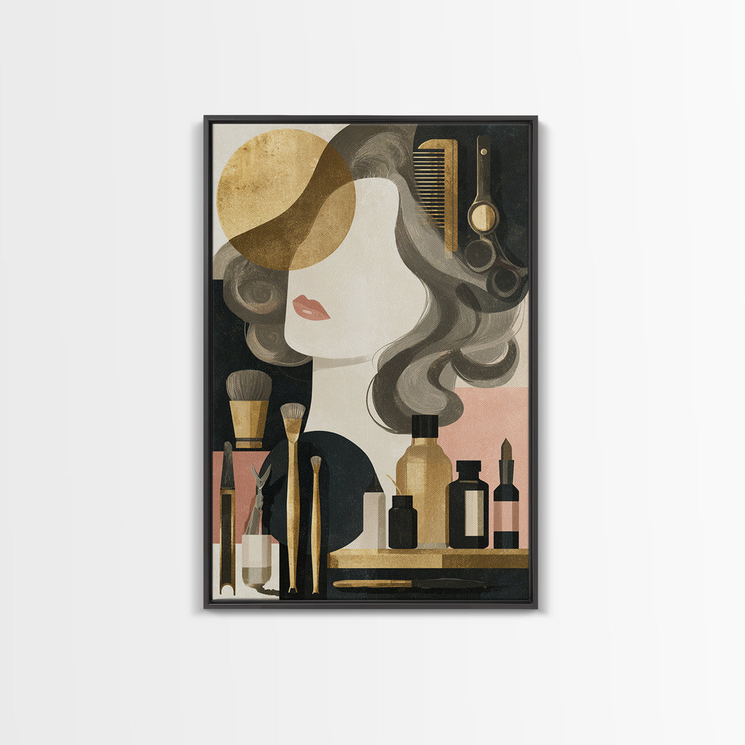 Luxury Black and Gold Beauty Emblem Framed Canvas Print, Hair Salon Art, Living Room Decor, Watercolor Art, Style, HSA-2x3-80