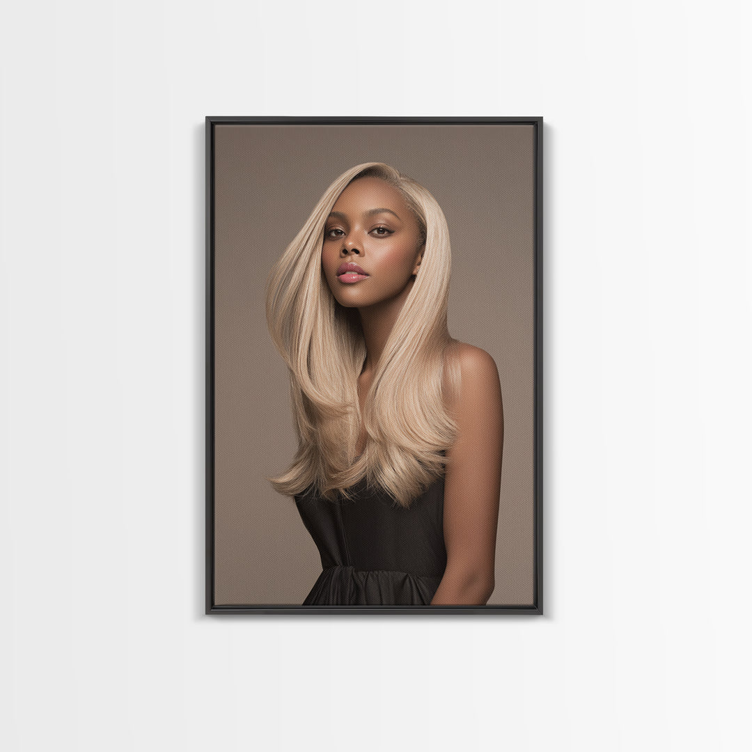 Fashion Portrait with Flowing Glossy Hair Canvas Print, Hair Salon Art, African American Art, Living Room Decor, Style, HSA-2x3-81