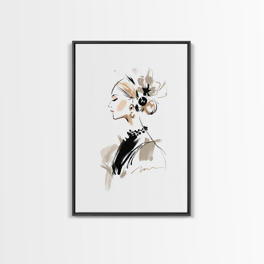 Black and White Line Art Salon Figure Framed Canvas Print, Hair Salon Art, African Art, Living Room Decor, Fine Art, Style, HSA-2x3-87