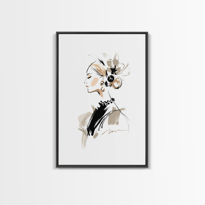 Black and White Line Art Salon Figure Framed Canvas Print, Hair Salon Art, African Art, Living Room Decor, Fine Art, Style, HSA-2x3-87