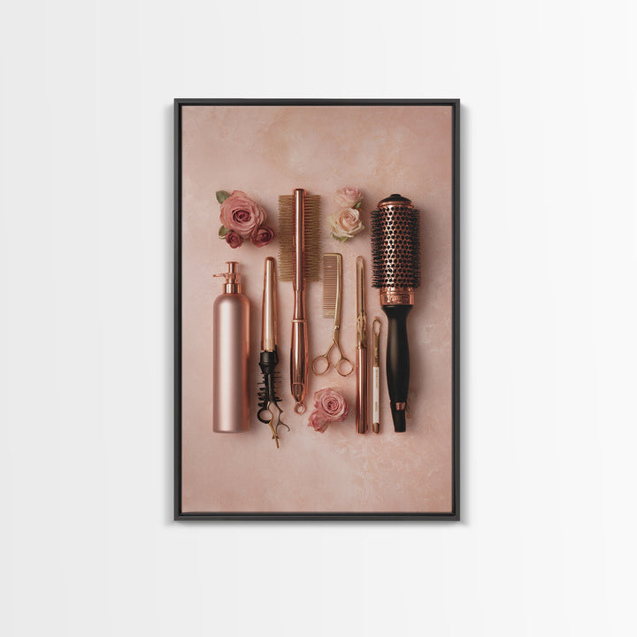 Rose Gold Salon Tool Still Life Framed Canvas Print, Hair Salon Art, Metal Wall Art, Living Room Decor, Fine Art, Style, HSA-2x3-94