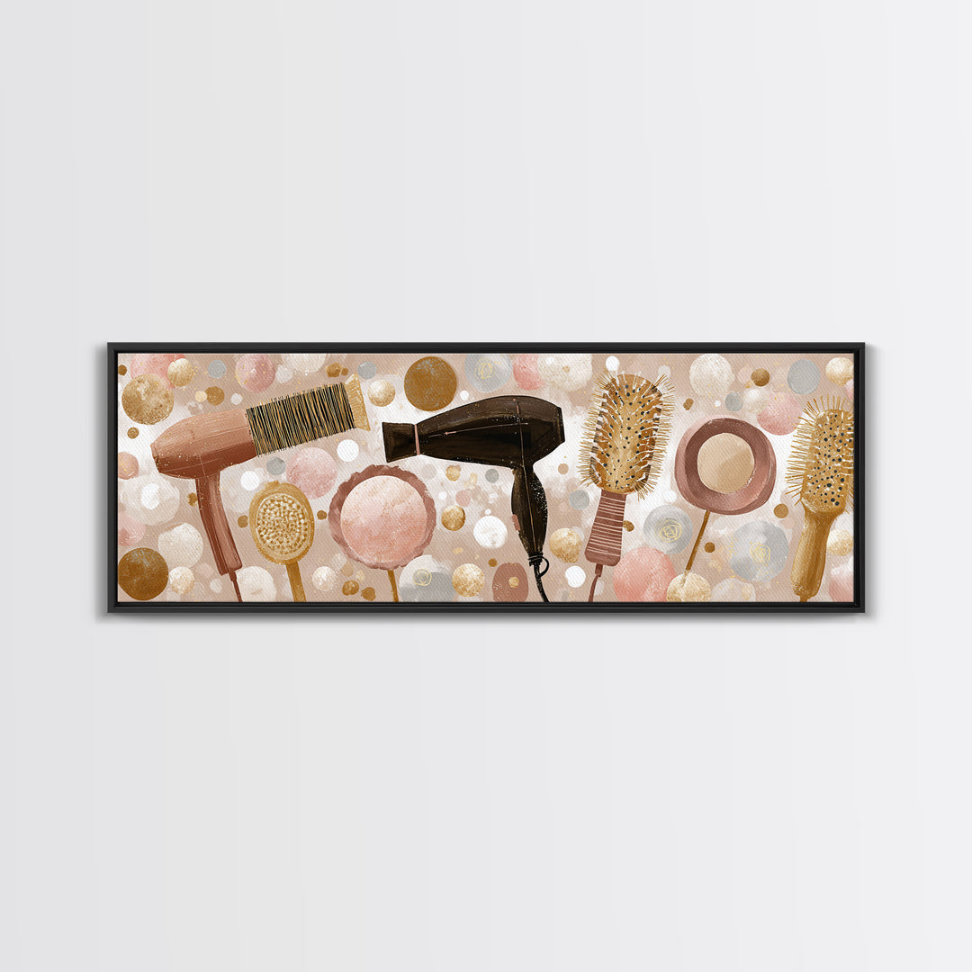 Hairdryer and Brush Framed Canvas Print, Hair Salon Art, African American Art, Living Room Decor, Fine Art, Style, Salon Sign, HSA-3x1-1