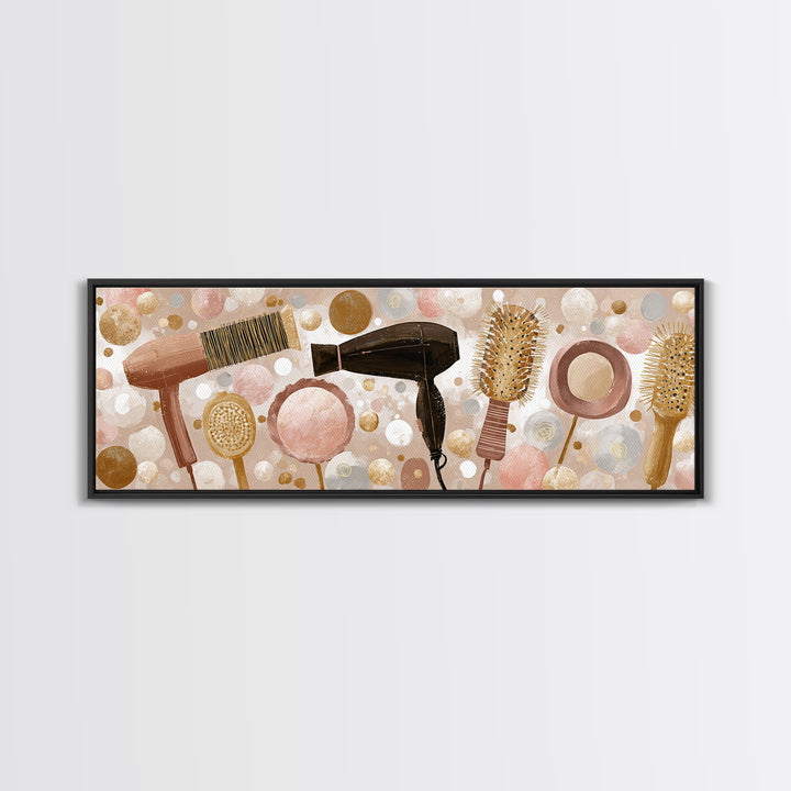 Hairdryer and Brush Framed Canvas Print, Hair Salon Art, African American Art, Living Room Decor, Fine Art, Style, Salon Sign, HSA-3x1-1