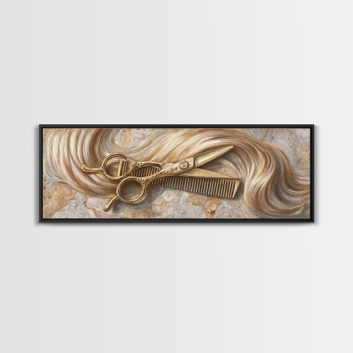 Gold Scissors and Comb Still Life on Framed Canvas Print, Hair Salon Art, Black Art, Living Room Decor, Fine Art, Style, HSA-3x1-18