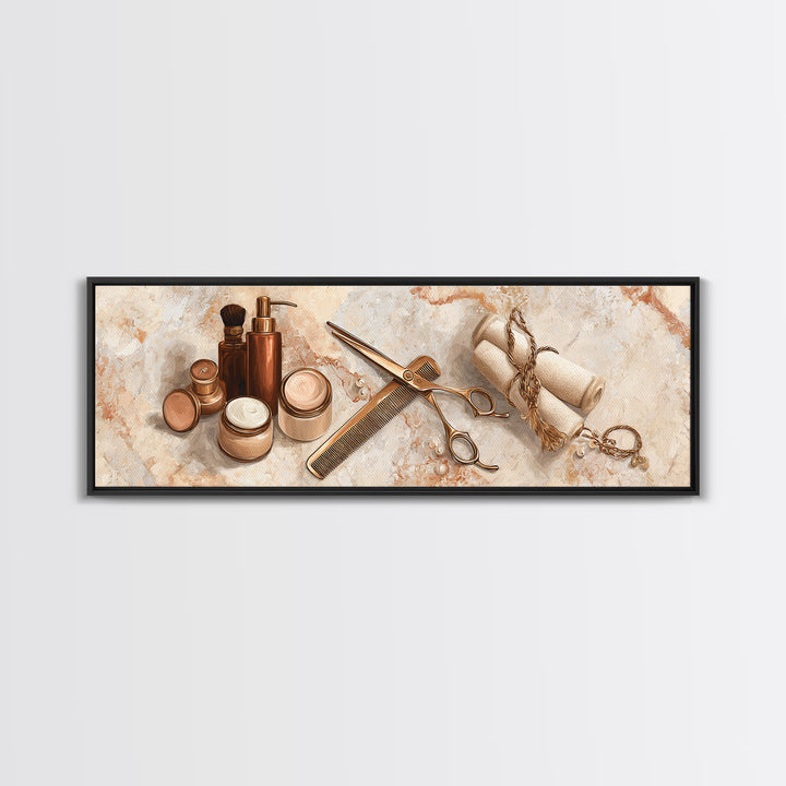 Gold Scissors and Comb Still Life on Canvas Print, Hair Salon Art, Black Art Prints, Living Room Decor, Fine Art, Style, HSA-3x1-42