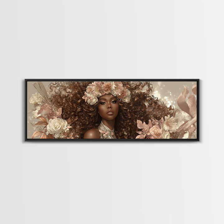 Afro Hair Portrait Framed Canvas Print, Hair Salon Art, Statement Artwork, Living Room Decor, Oil Painting, Style, HSA-3x1-60