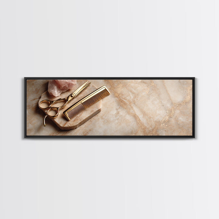 Gold Scissors and Comb Still Life on Canvas Print, Hair Salon Art, Black Art Prints, Living Room Decor, Fine Art, Style, HSA-3x1-66