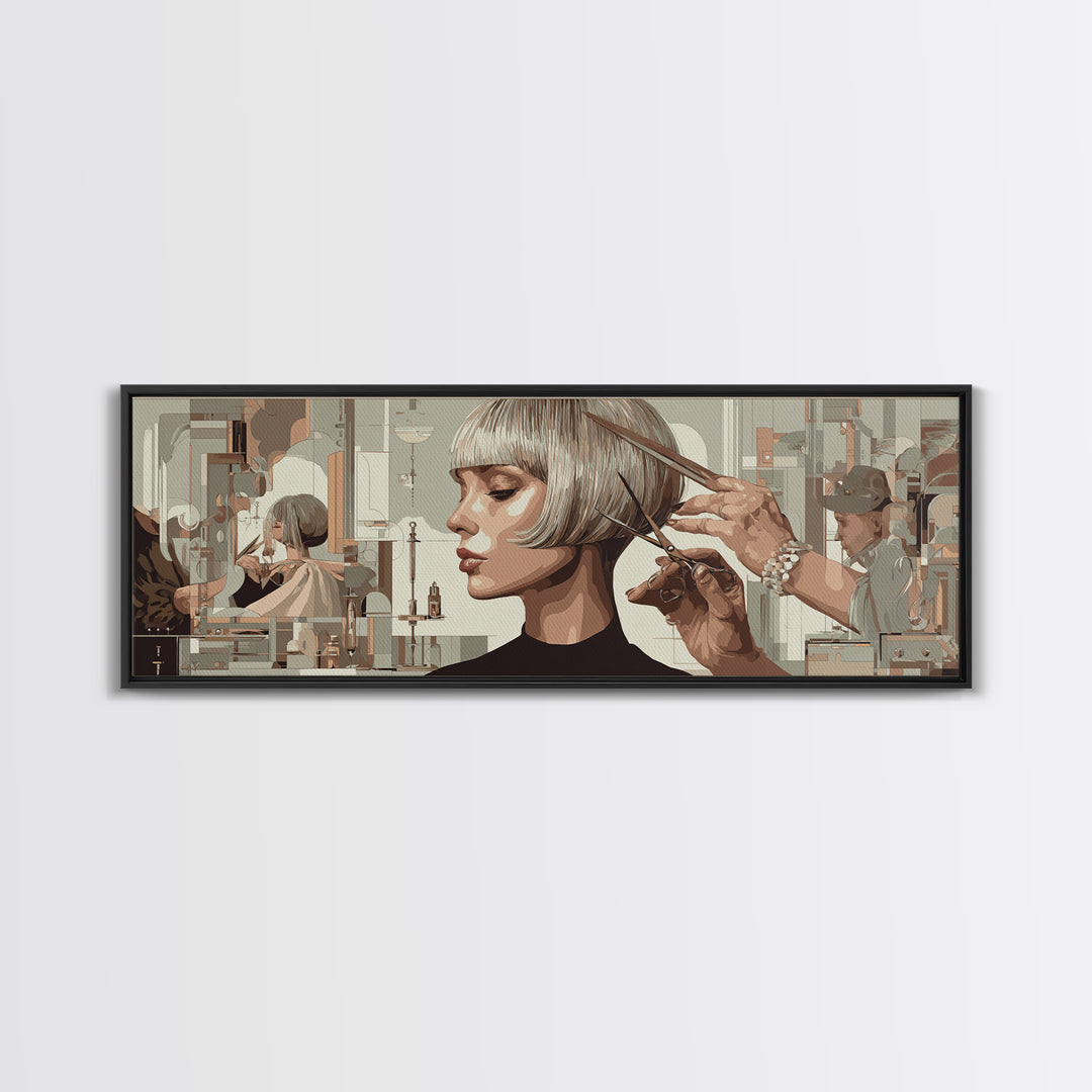 Woman with Dramatic Bob Haircut in Art Framed Canvas Print, Hair Salon Art, Contemporary Art, Living Room Decor, Style, HSA-3x1-68