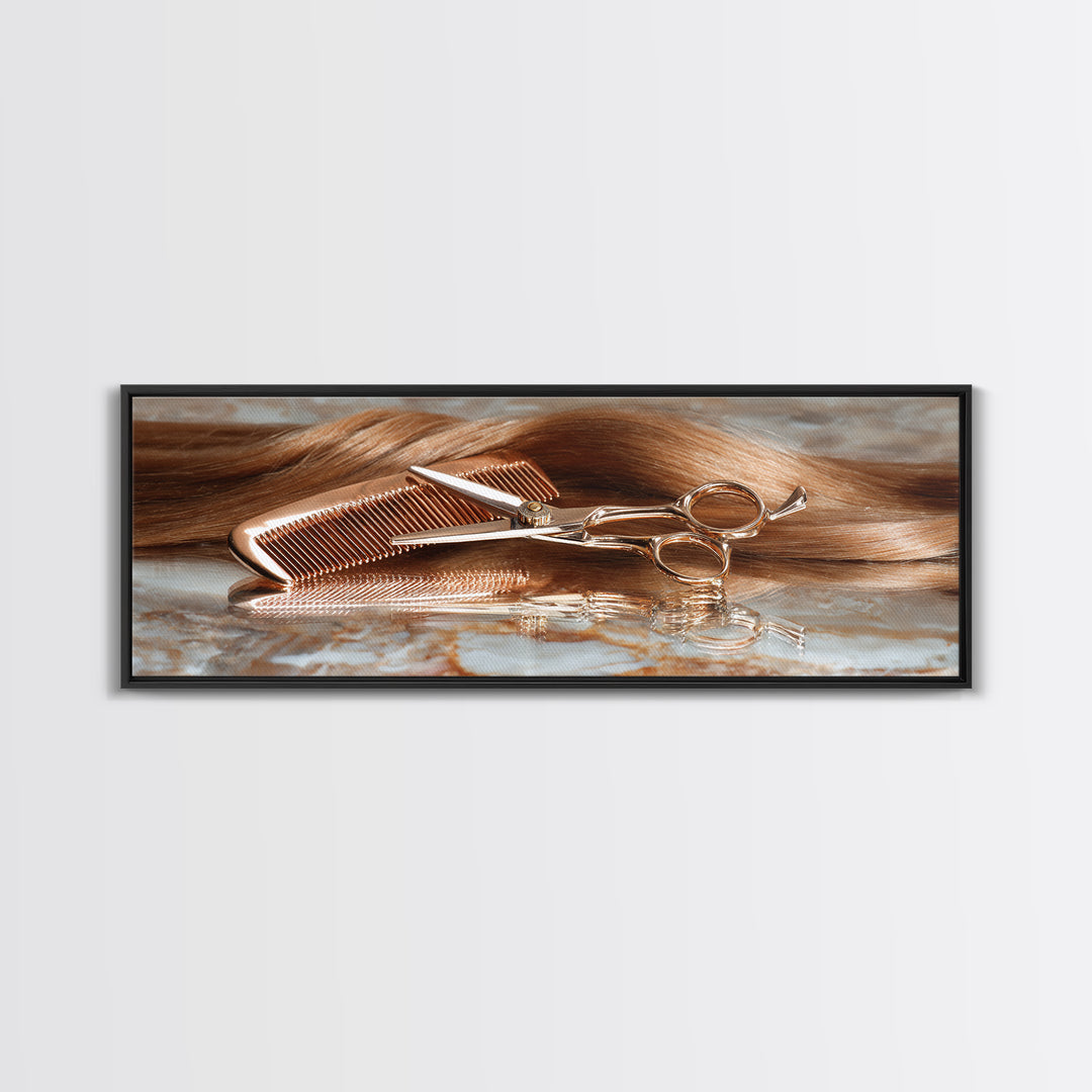 Rose Gold Salon Tool Still Life Canvas Print, Hair Salon Art, Art, Living Room Decor, Fine Art, Style, Black Art Prints, HSA-3x1-78