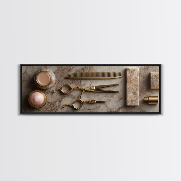 Gold Scissors and Comb Still Life on Framed Canvas Print, Hair Salon Art, Black and White Art, Living Room Decor, Style, HSA-3x1-90