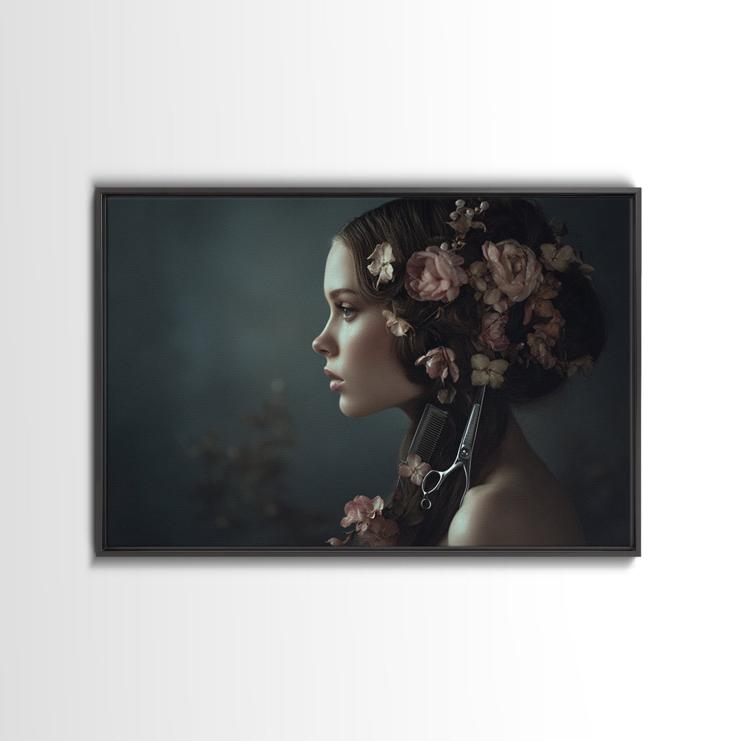 Botanical Hairstyle Portrait Framed Canvas Print, Hair Salon Art, Modern Art, Living Room Decor, Oil Painting, Style, HSA-3x2-10