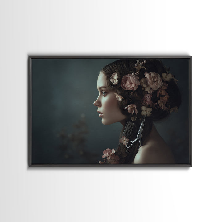 Botanical Hairstyle Portrait Framed Canvas Print, Hair Salon Art, Modern Art, Living Room Decor, Oil Painting, Style, HSA-3x2-10