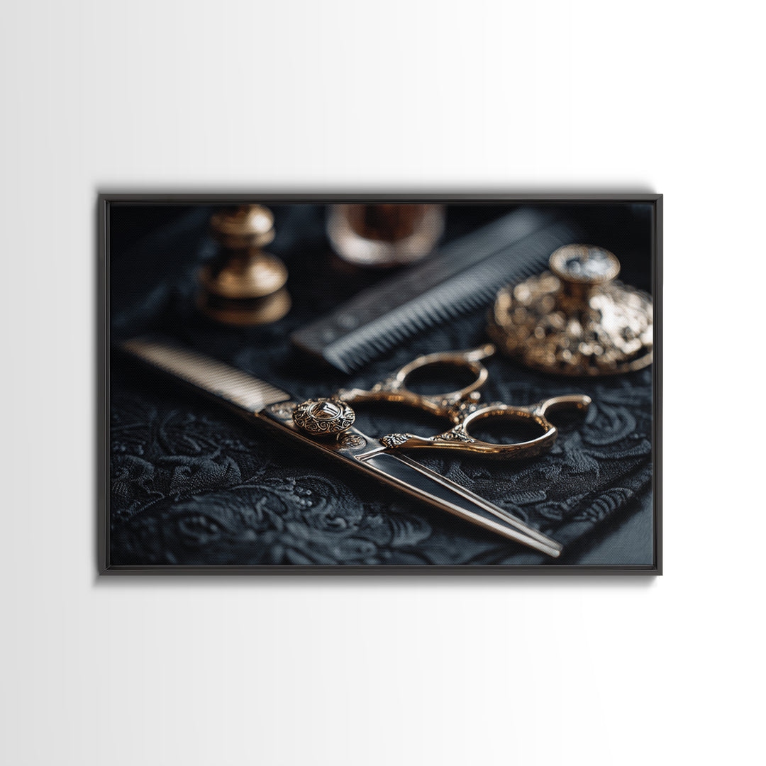 Luxury Black and Gold Beauty Emblem Framed Canvas Print, Hair Salon Art, Modern Decor, Living Room Decor, Oil Painting, Style, HSA-3x2-100