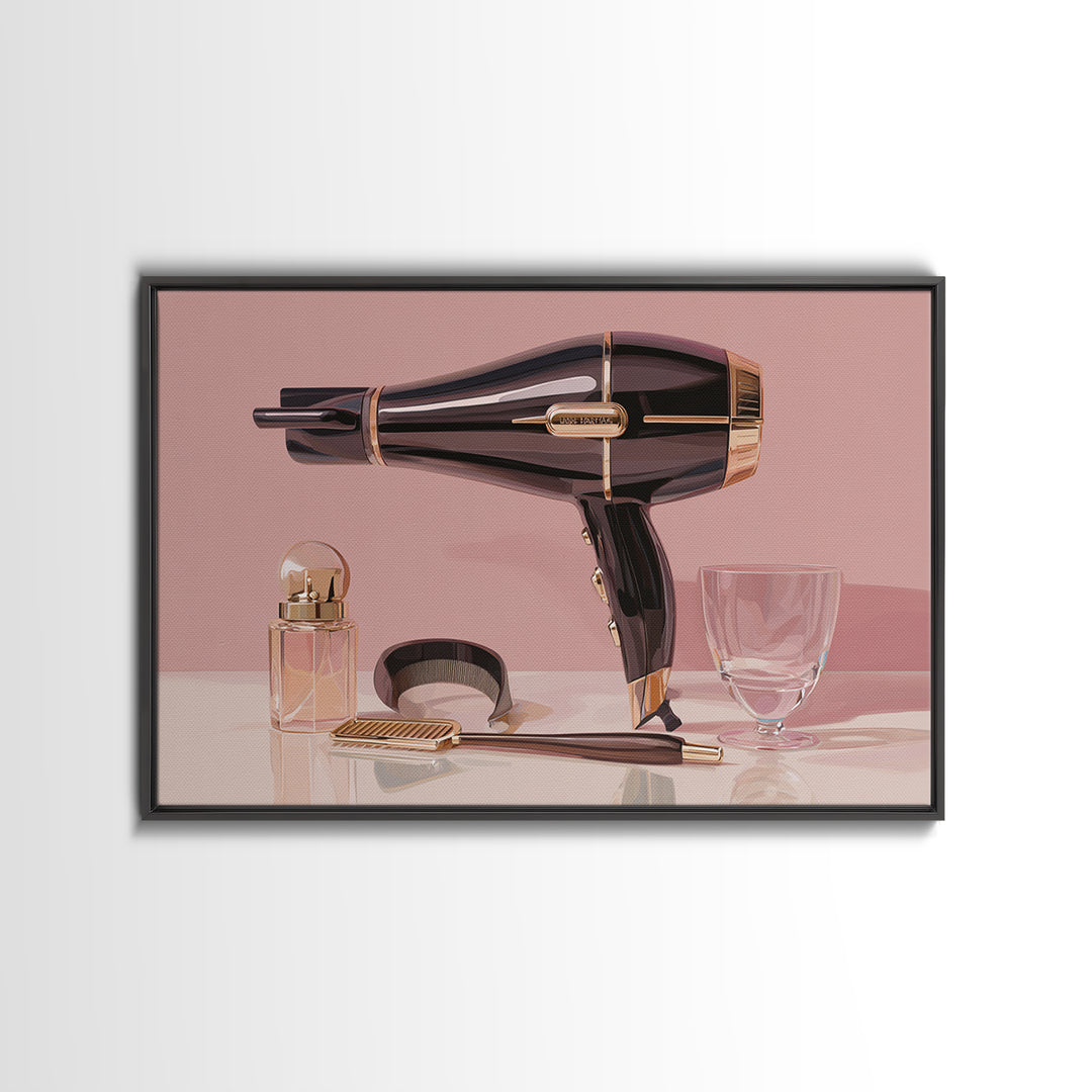 Hairdryer and Brush Framed Canvas Print, Hair Salon Art, African Art, Living Room Decor, Watercolor Art, Style, HSA-3x2-13
