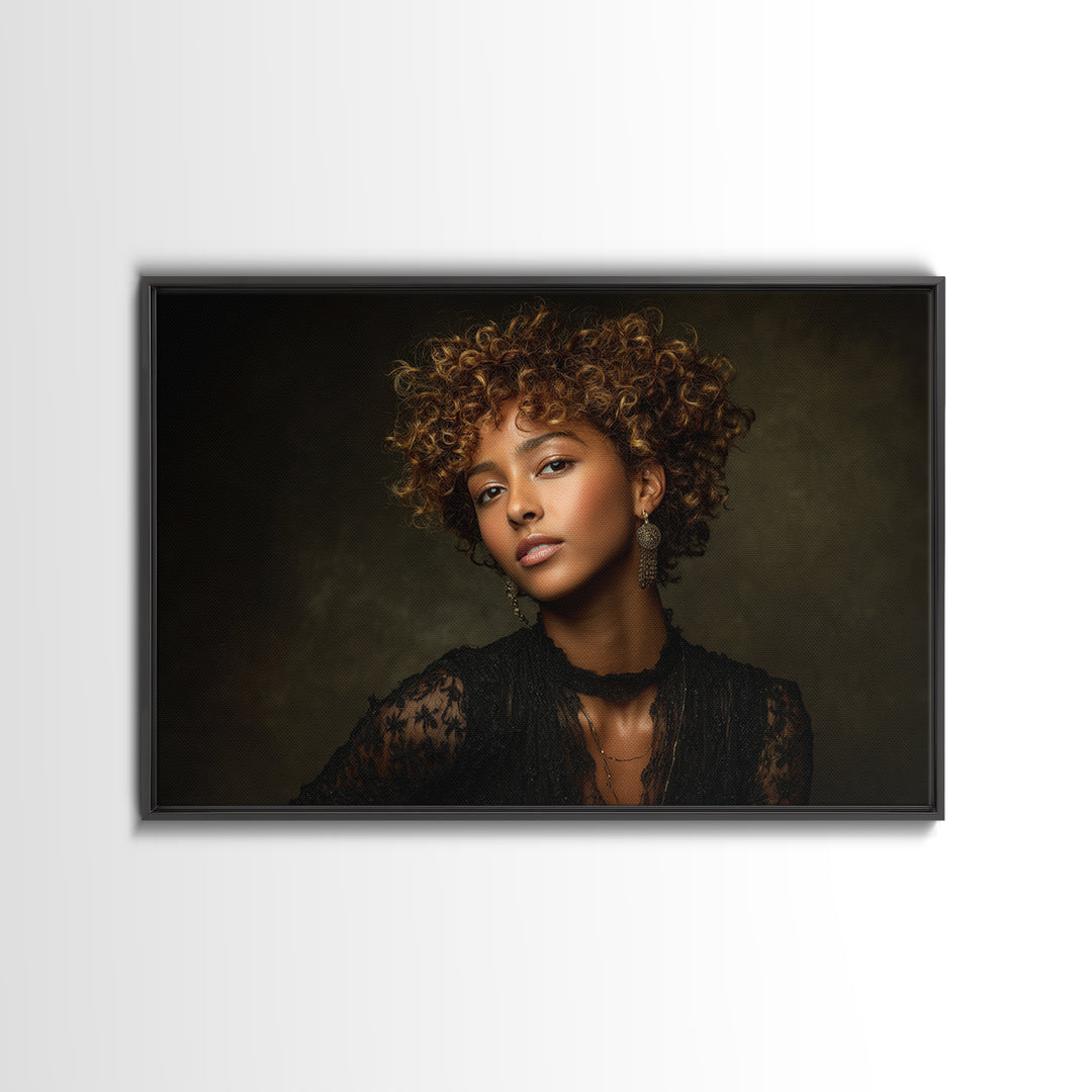Curly Hair Portrait Framed Canvas Print, Hair Salon Art, Afrocentric Art, Living Room Decor, Fine Art, Style, Statement Artwork, HSA-3x2-19