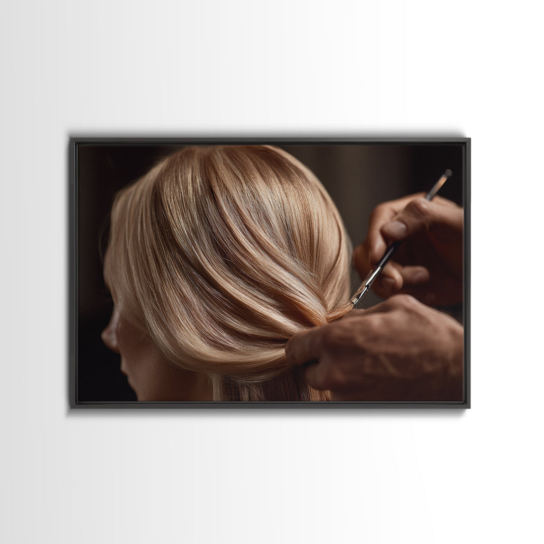 Elegant Hands Styling Hair Framed Canvas Print, Hair Salon Art, Digital Prints, Living Room Decor, Style, Black Woman Art, HSA-3x2-2