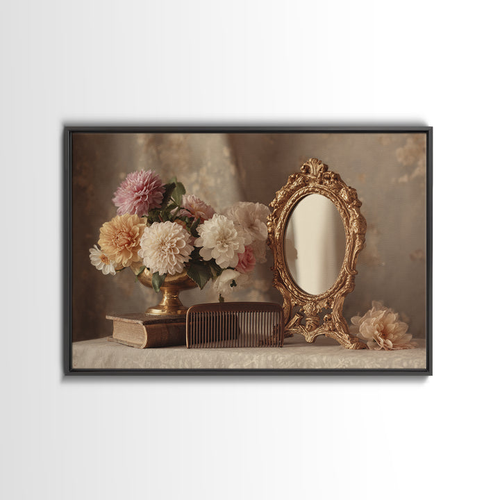 Baroque Mirror and Comb Still Life Canvas Print, Hair Salon Art, Black Owned Art, Living Room Decor, Fine Art, Style, HSA-3x2-21