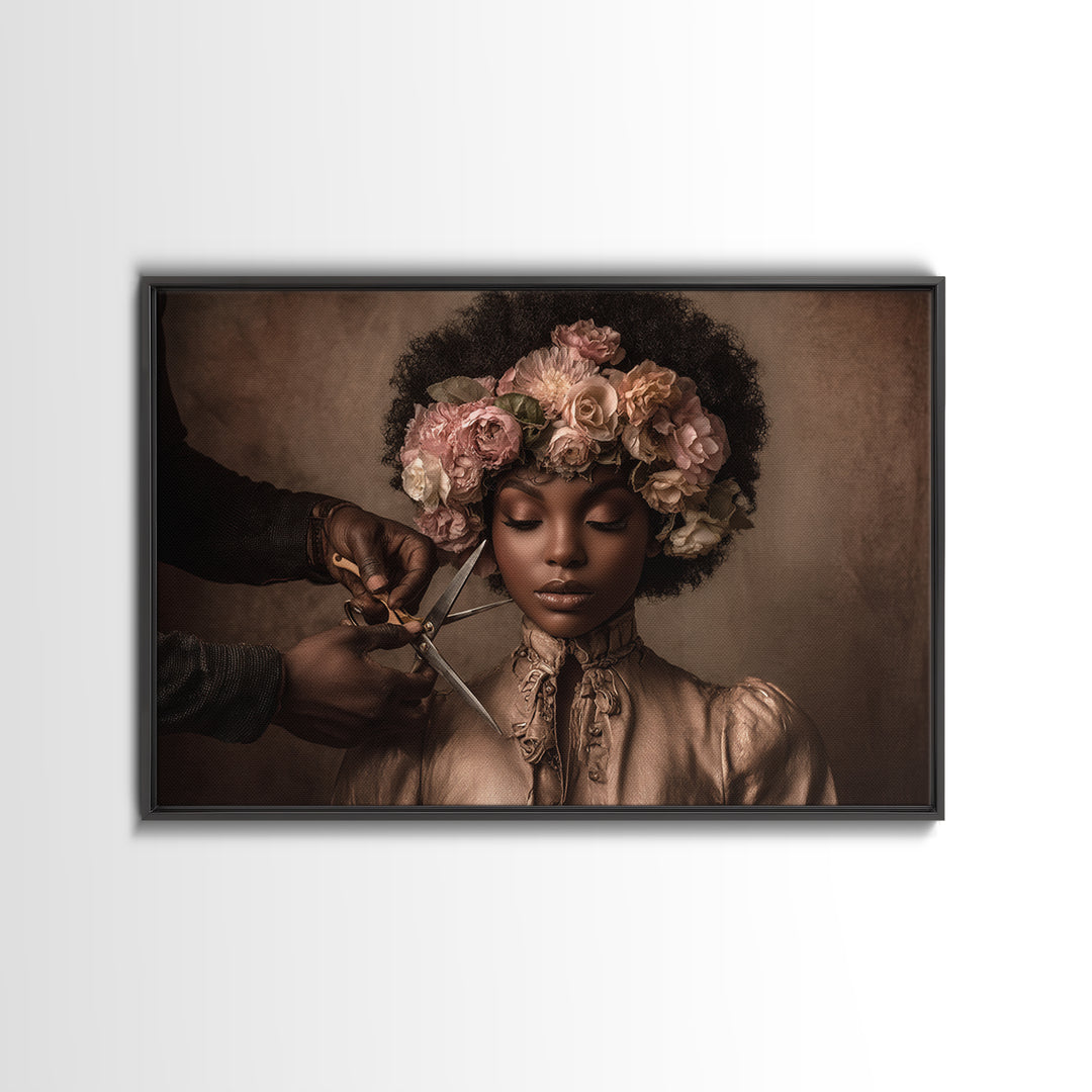 Afro Hair Portrait Framed Canvas Print, Hair Salon Art, African Art, Living Room Decor, Fine Art, Style, Girls Room Decor, HSA-3x2-24