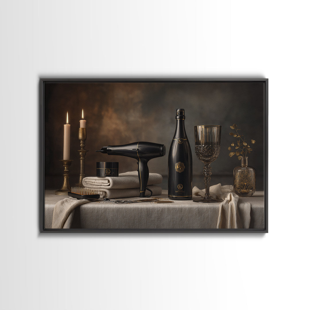 Luxury Black and Gold Beauty Emblem Framed Canvas Print, Hair Salon Art, Black Wall Art, Living Room Decor, Fine Art, Style, HSA-3x2-28