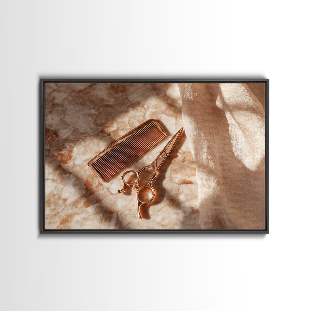 Gold Scissors and Comb Still Life on Canvas Print, Hair Salon Art, Black Woman Art, Living Room Decor, Fine Art, Style, HSA-3x2-30