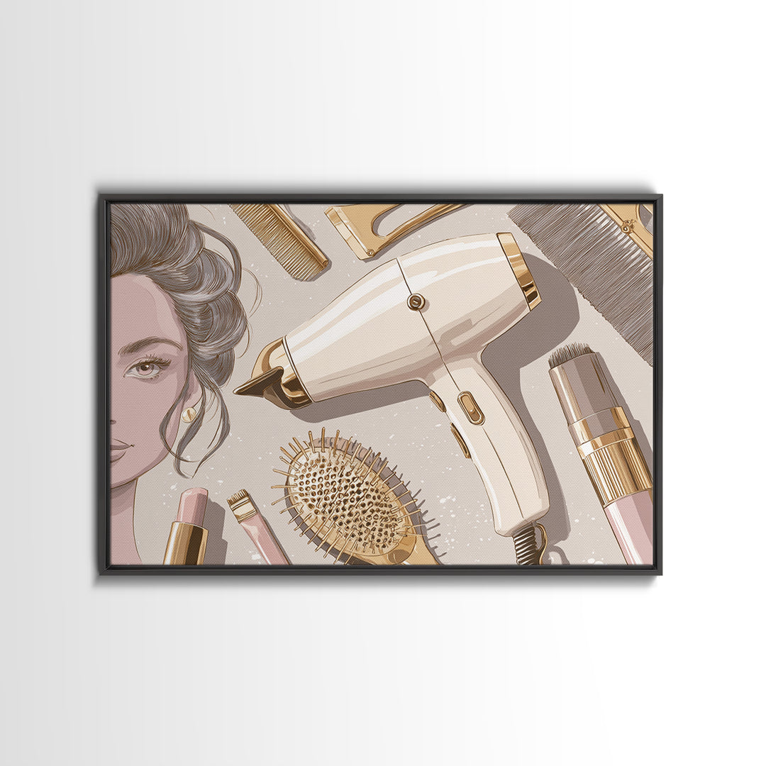 Hairdryer and Brush Canvas Print, Hair Salon Art, Black Girl Art, Living Room Decor, Oil Painting, Style, Modern Decor, HSA-3x2-37