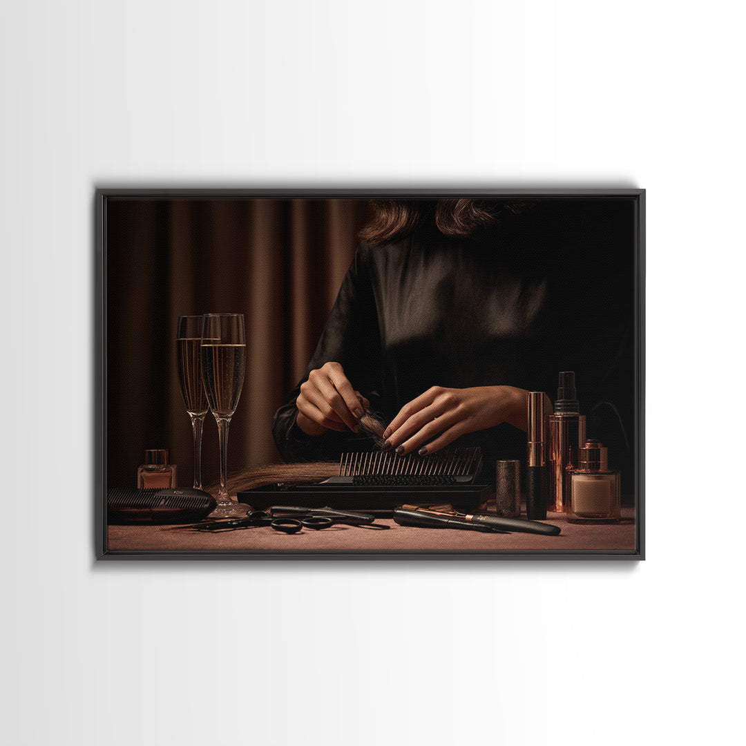 Elegant Hands Styling Hair Framed Canvas Print, Hair Salon Art, African Art, Living Room Decor, Oil Painting, Style, HSA-3x2-50