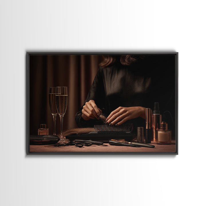 Elegant Hands Styling Hair Framed Canvas Print, Hair Salon Art, African Art, Living Room Decor, Oil Painting, Style, HSA-3x2-50