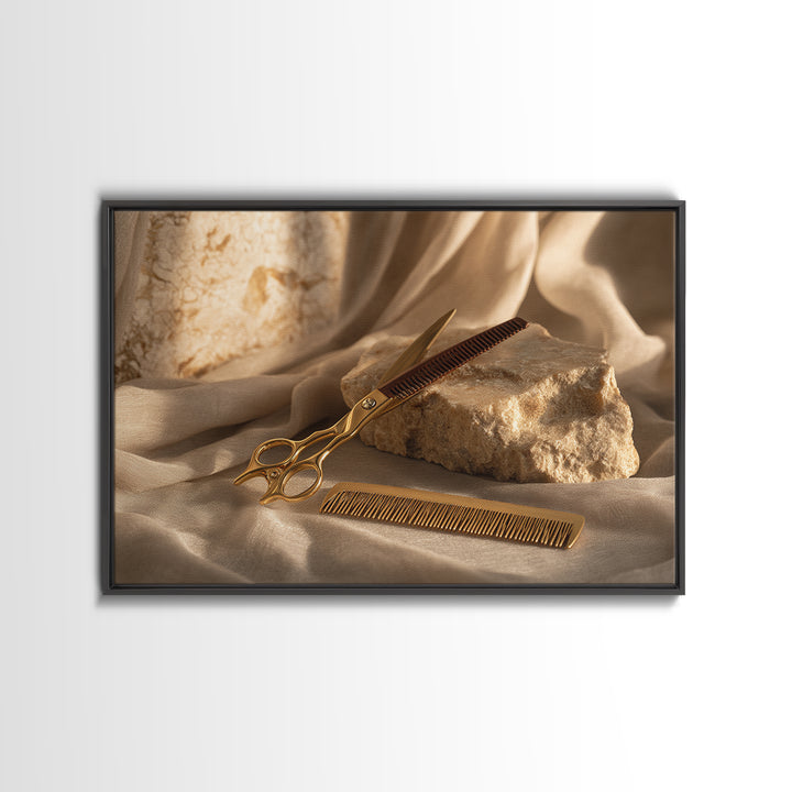 Gold Scissors and Comb Still Life on Canvas Print, Hair Salon Art, Black Woman Art, Living Room Decor, Fine Art, Style, HSA-3x2-54